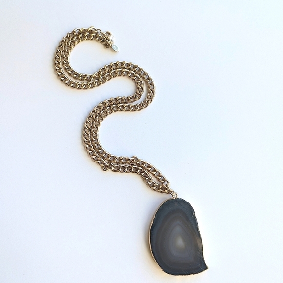 Express Tan Sliced Agate Large Stone Necklace Thick Gold Tone Chain Gold Edging - Picture 2 of 10